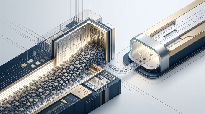Ilustración isométrica futurista que muestra un atasco de chips de IA que se detiene en un cuello de botella, mientras que otra vía diferente para la fabricación se abre junto a ella.