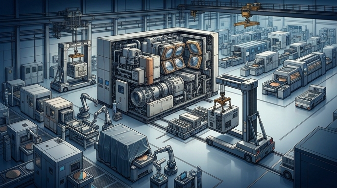 Vista de planta de una fábrica de semiconductores futurista con maquinaria compleja y brazos robóticos.