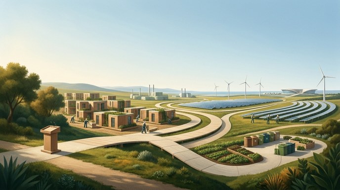 Un paisaje ilustrado que muestra viviendas sostenibles, energía solar y eólica, y gestión de residuos para representar la agenda de la COP31.