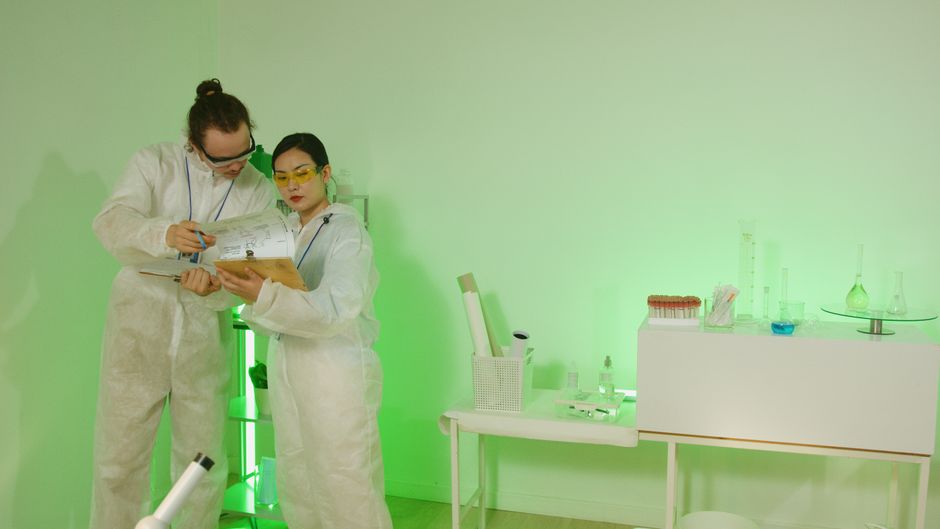 Investigadores con batas de laboratorio discutiendo sus hallazgos en un laboratorio de alta tecnología.