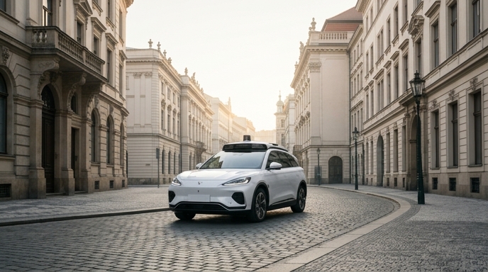 Un SUV eléctrico con tecnología de conducción autónoma circula por una calle europea clásica empedrada.