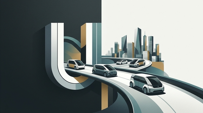 Ilustración minimalista de una flota de vehículos autónomos emergiendo de una estructura en forma de U hacia una ciudad moderna.