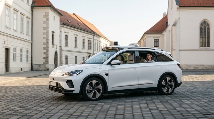 Un robotaxi eléctrico Arcfox Alpha T5 circula por una calle empedrada de Zagreb, Croacia.