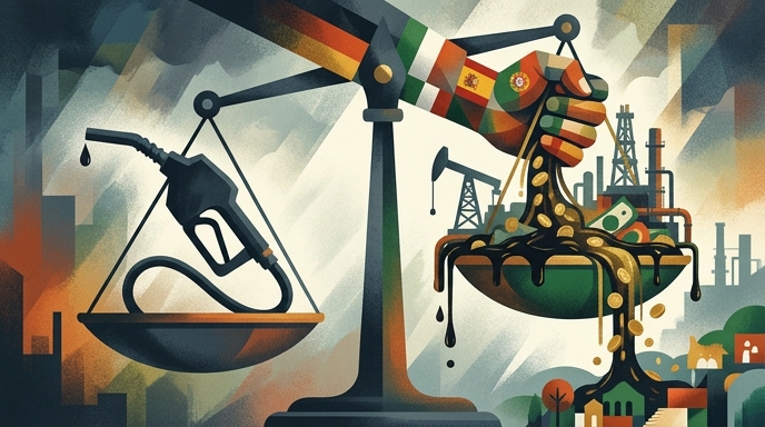 Una balanza de justicia con una manguera de gasolina en un lado y una mano apretando dinero y petróleo en el otro.