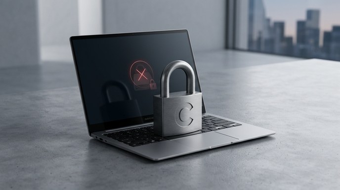 Alt text: Ilustración editorial de un ordenador portátil con un candado plateado en el teclado y una cruz roja en la pantalla que indica acceso denegado.