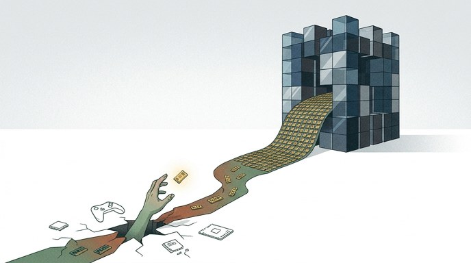 Ilustración de estilo editorial que muestra chips de memoria fluyendo hacia una estructura de datos de IA, mientras una mano apenas alcanza un chip libre.