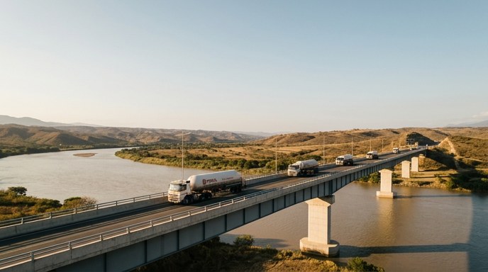 Camiones cisterna de gas cruzando un puente fronterizo entre Venezuela y Colombia.