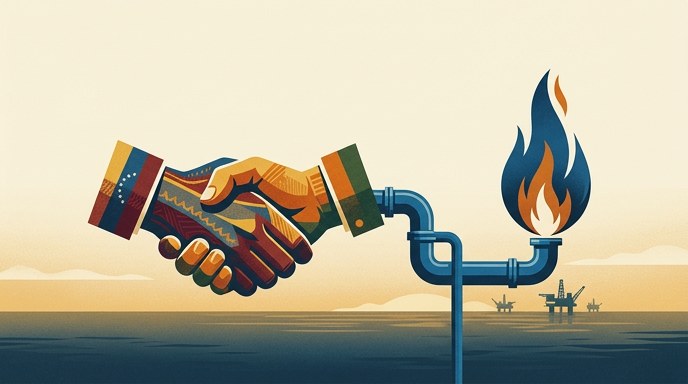 Un apretón de manos con los colores de Venezuela se une a una tubería de gas, simbolizando el nuevo acuerdo energético.
