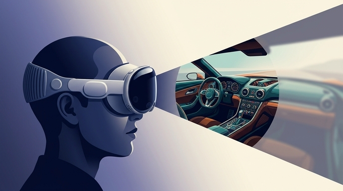 Ilustración de un usuario con Vision Pro experimentando streaming foveado de alta resolución en un simulador de conducción.