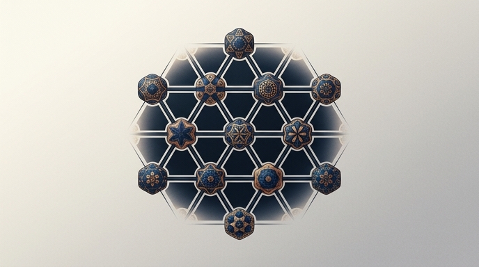 Visualización artística de orbitales moleculares compactos en una red geométrica tipo kagome de Ni3In.