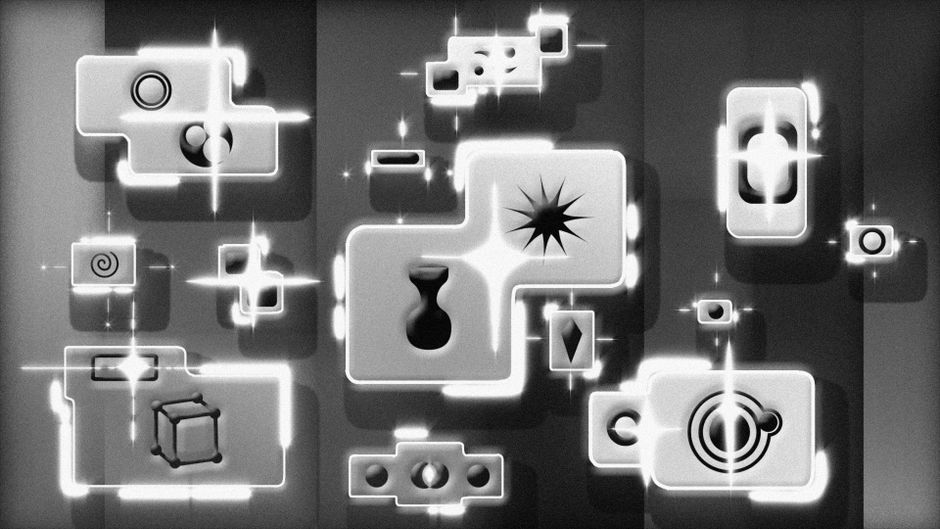 Imagen abstracta futurista con formas geométricas brillantes y destellos.