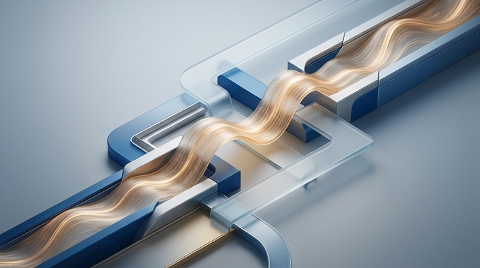 Onda de sonido dorada y fluida fluye y se integra en un camino geométrico y estructurado de metal azul y vidrio transparente.