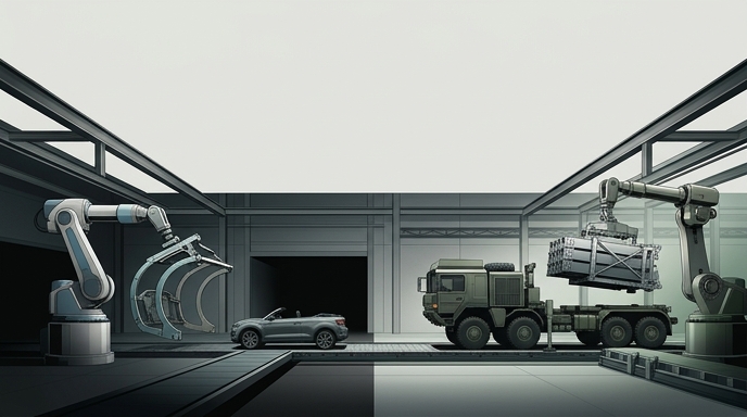 Ilustración editorial que muestra una fábrica dividida: a la izquierda, la producción de un coche convertible; a la derecha, la carga de misiles en un camión militar.