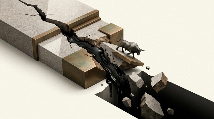 Un toro de bronce sobre una estructura de piedra que se rompe y vierte petróleo, simbolizando la caída del mercado por tensiones energéticas.