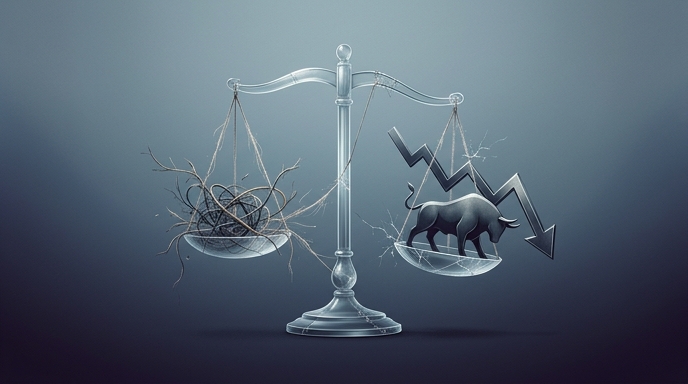 Una balanza de justicia rota inclina a un toro y una flecha descendente, representando la caída del mercado.