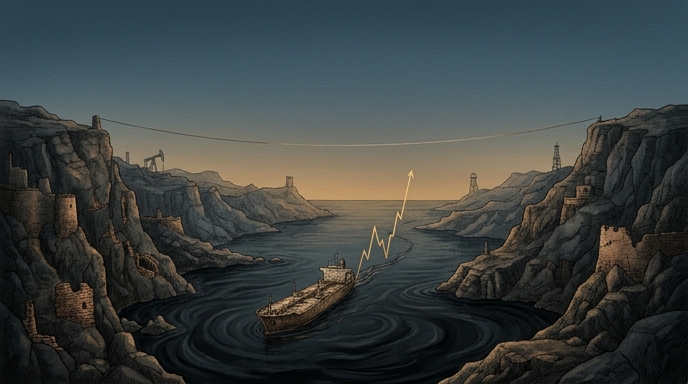 Un petrolero navegando por el Estrecho de Ormuz, su estela forma un gráfico ascendente, simbolizando el rebote de los precios del petróleo.