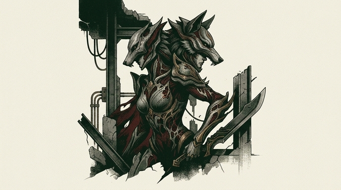 Ilustración de estilo grabado que muestra a la Warframe Voruna Prime con máscaras de lobo y un arma, en un entorno urbano en ruinas.