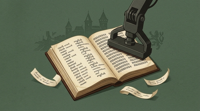 «Una ilustración editorial de un libro abierto con caligrafía tradicional siendo sellado por un brazo robótico mecánico, con un castillo medieval al fondo.»