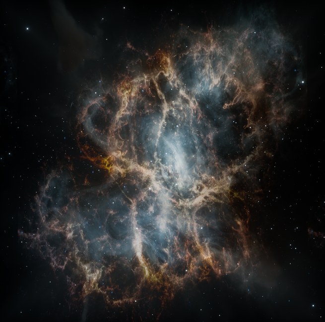 Una vista detallada de la Nebulosa del Cangrejo mostrando su intrincada estructura en el cosmos.