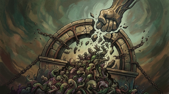 Una mano rompe un arco de piedra encadenado del que brotan criaturas, simbolizando la prohibición de la carta 'Food Chain' en MTG.