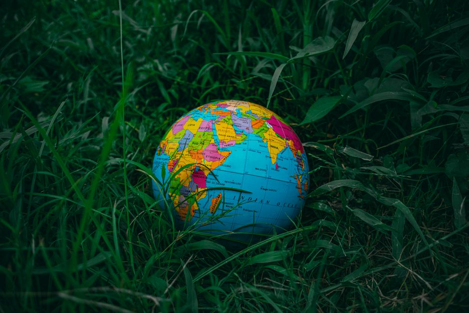 Globo terráqueo vibrante sobre un exuberante césped verde, simbolizando la exploración global y la naturaleza.