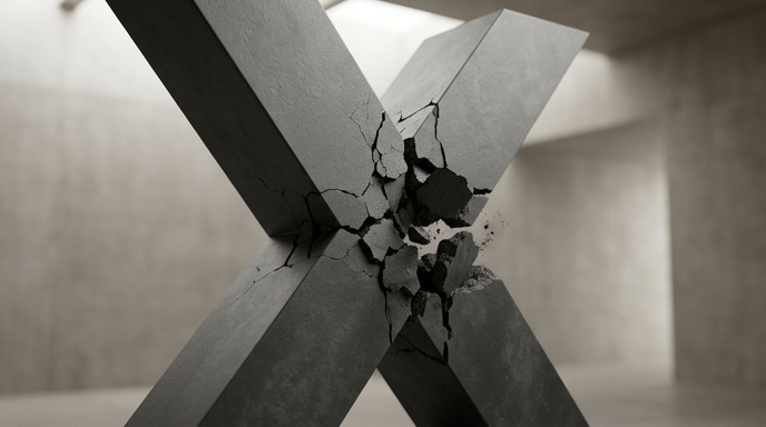 Un primer plano editorial de una escultura minimalista de 'X' que se está rompiendo y desmoronando, representando el apagón.