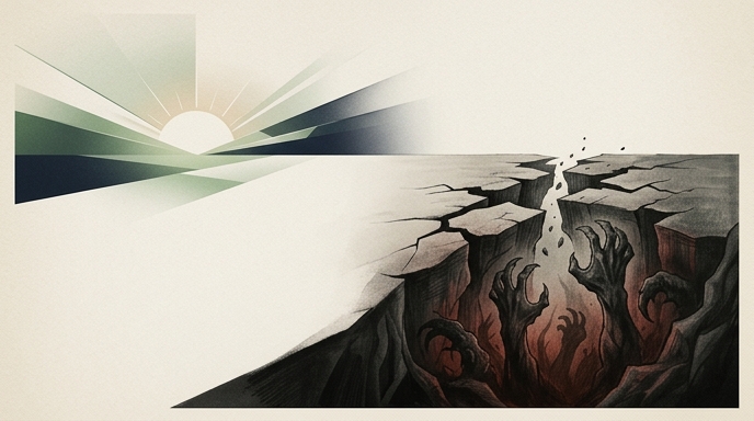 Ilustración editorial que muestra una grieta en el suelo de donde emergen manos oscuras, simbolizando el E-Day de Gears of War.