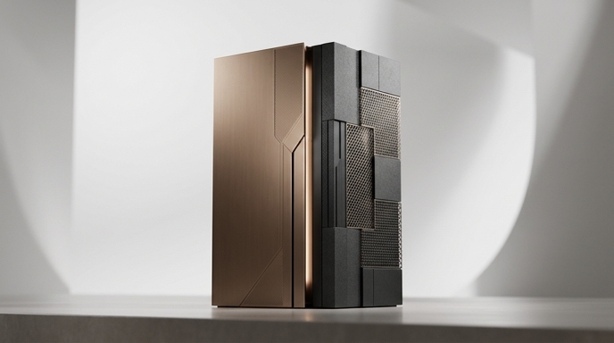 Un monolito híbrido de diseño elegante que combina un acabado de metal cobrizo con texturas negras de estilo PC.