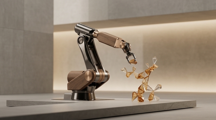 Un brazo robótico de diseño premium manipulando una estructura compleja de cristales en un entorno minimalista.