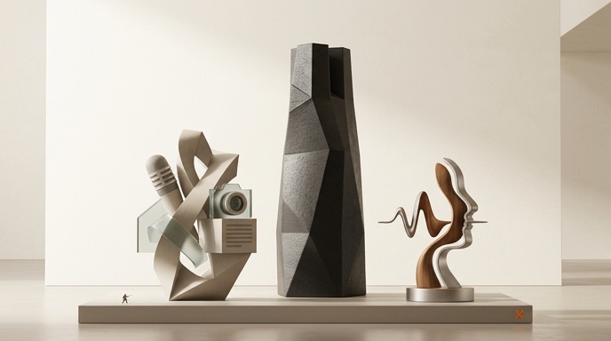 Tres esculturas abstractas que representan los nuevos modelos de IA de Xiaomi: texto, multimedia y voz, en un estilo minimalista.