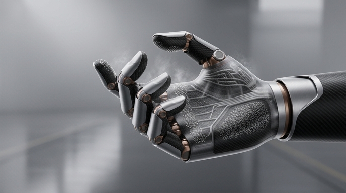 «Una mano robótica biónica con sutiles efectos de enfriamiento por vapor, ilustrando el sistema de glándulas sudoríparas»