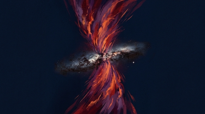 Ilustración editorial de la galaxia M82 emitiendo chorros de gas supercaliente en tonos rojos y violetas.