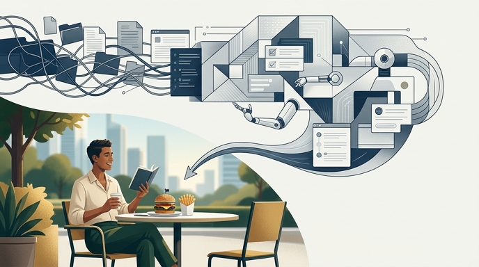 Ilustración editorial: Una IA geométrica organiza el flujo de trabajo, liberando tiempo para que un profesional disfrute de un almuerzo y lectura en paz.
