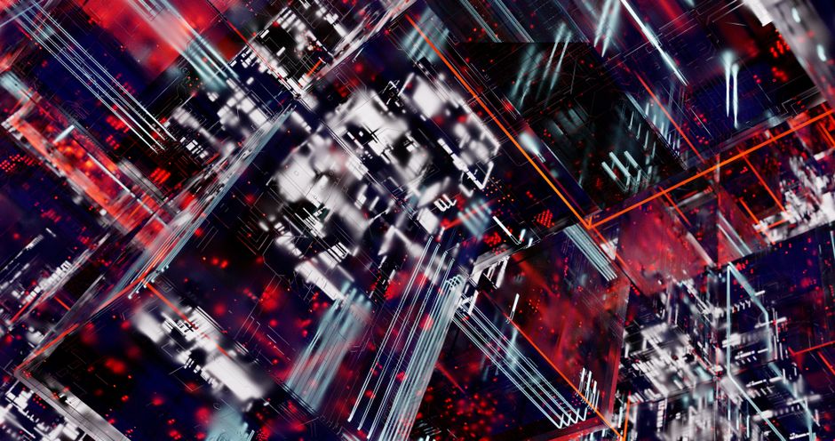 Visualización abstracta de circuitos digitales y blockchain en colores vibrantes.