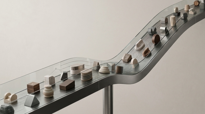 Objetos geométricos abstractos que representan pequeños negocios son guiados y acelerados por un sofisticado sistema de raíles.