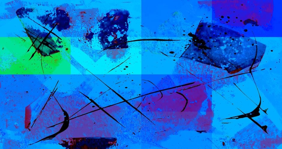 Obra de arte abstracta dinámica con salpicaduras y pinceladas en azul, verde y púrpura.