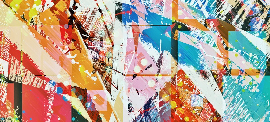 Pintura abstracta dinámica con formas geométricas de colores y texturas.